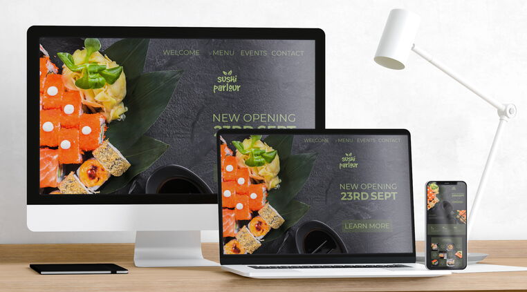Moderne Darstellung von Webdesign und SEO: Ein Bildschirm zeigt eine responsive Website, optimiert für lokale Suchanfragen (Geo-SEO).