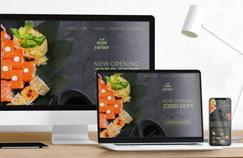 Moderne Darstellung von Webdesign und SEO: Ein Bildschirm zeigt eine responsive Website, optimiert für lokale Suchanfragen (Geo-SEO).